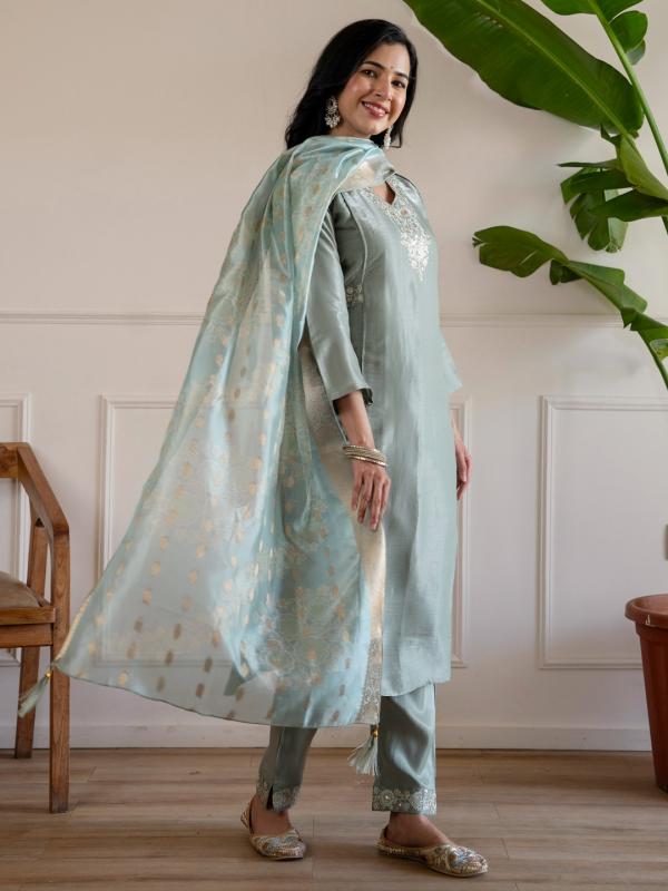 VP 9907 G Women’s Glass Roman Silk Straight Kurta Pent Dupatta Sets  | 3pcs Ethnic Set